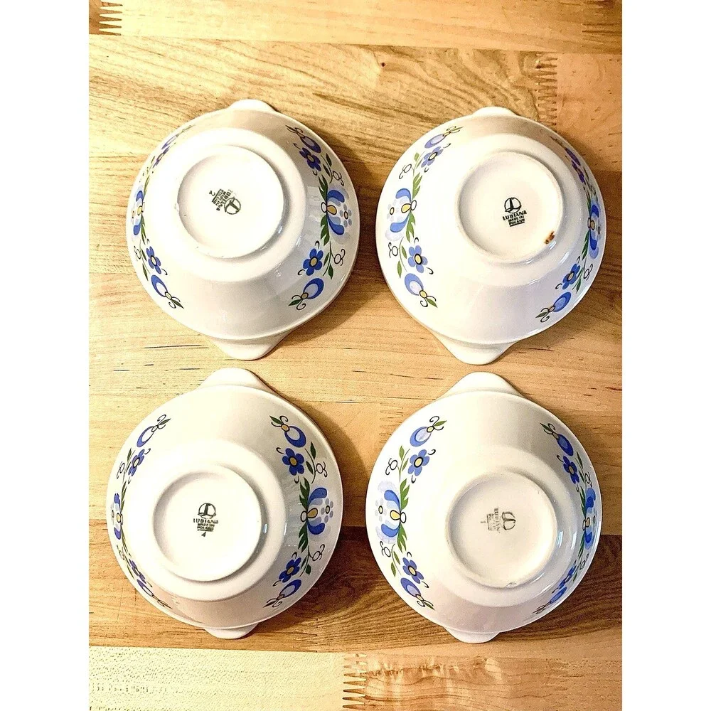 Vintage Lubiana Poland Handled Cream Soup Bowls Kashubian Floral Set Of 4